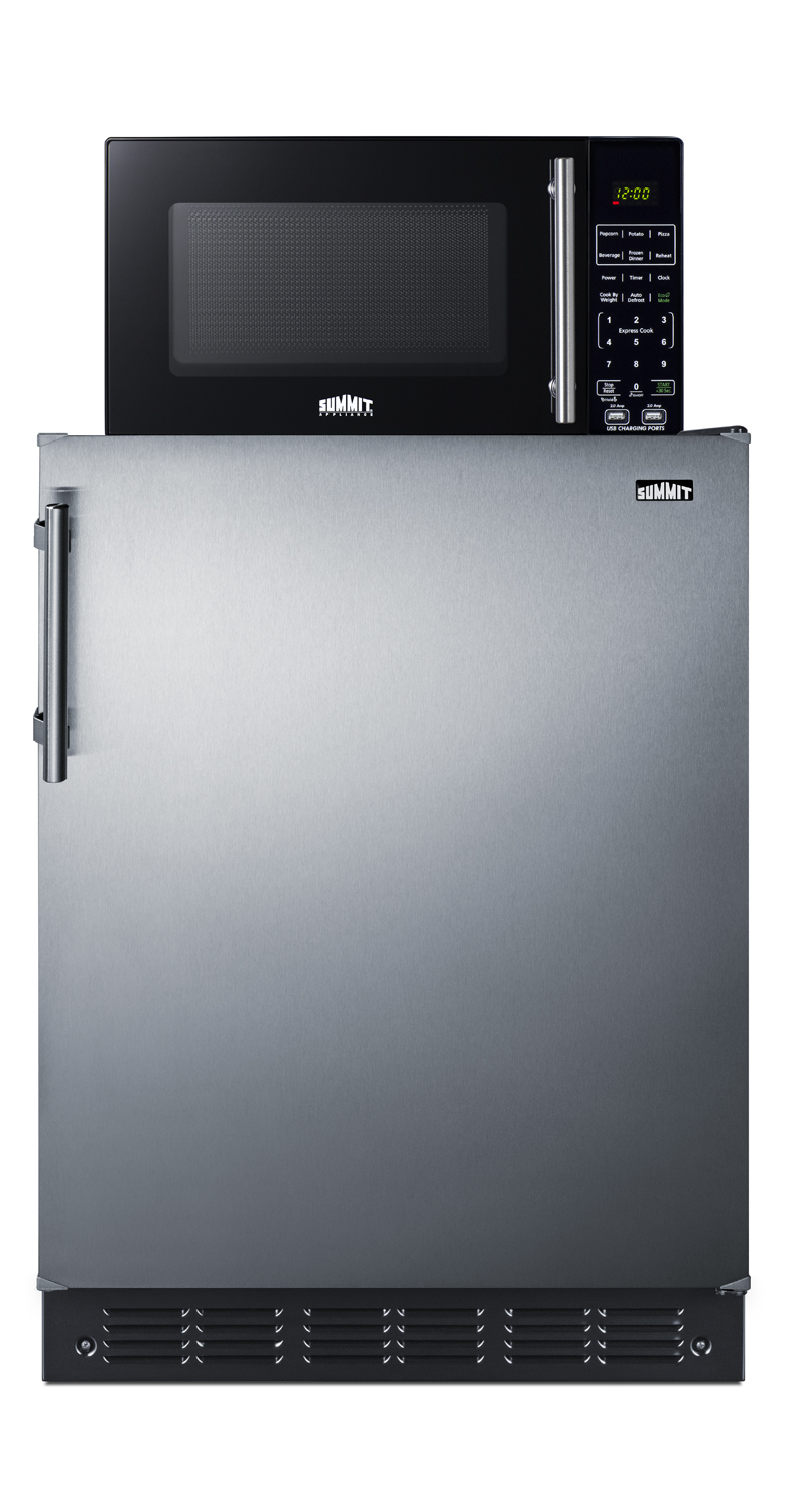 Counter height all-refrigerator with stainless steel door and compact microwave in black with allocator and USB ports for 1-plug operation; ships in three boxes on one pallet